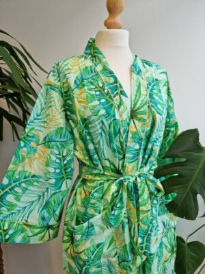 Pure Cotton Kimono in Peppermint Fresh Lime Green Monstera - Image 2