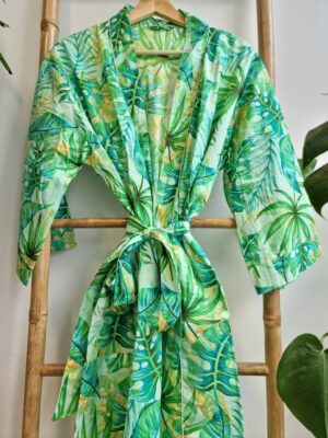 Pure Cotton Kimono in Peppermint Fresh Lime Green Monstera - Image 8