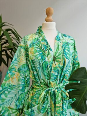Pure Cotton Kimono in Peppermint Fresh Lime Green Monstera - Image 9