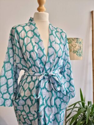 Pure Cotton Summer Kimono in Bright Aqua Botanical Leaves - Image 2