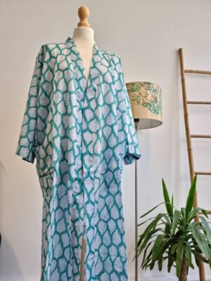 Pure Cotton Summer Kimono in Bright Aqua Botanical Leaves - Image 3