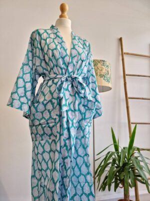 Pure Cotton Summer Kimono in Bright Aqua Botanical Leaves - Image 4