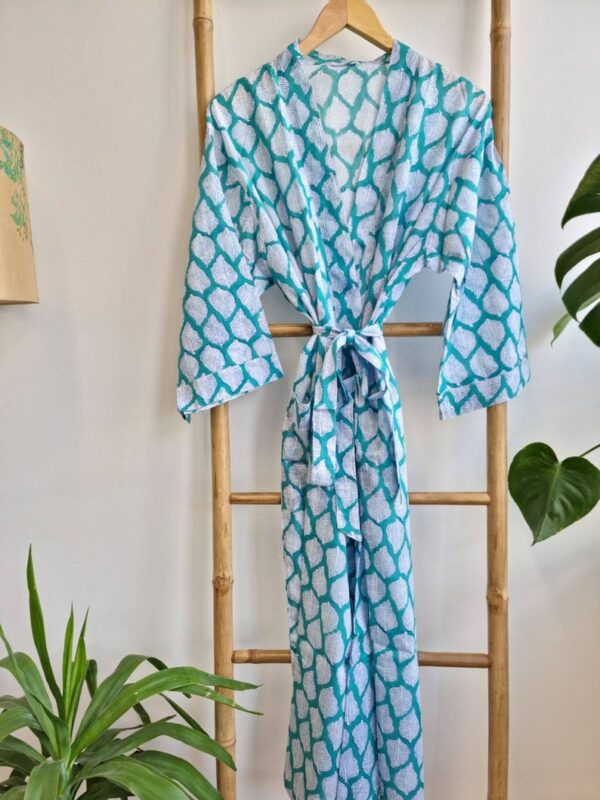 Pure Cotton Summer Kimono in Bright Aqua Botanical Leaves