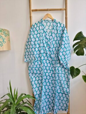 Pure Cotton Summer Kimono in Bright Aqua Botanical Leaves - Image 5