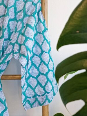 Pure Cotton Summer Kimono in Bright Aqua Botanical Leaves - Image 6