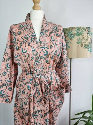 Pure Cotton Kimono in Pastel Peach Teal Garden - Image 2