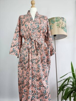 Pure Cotton Kimono in Pastel Peach Teal Garden - Image 3