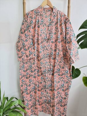 Pure Cotton Kimono in Pastel Peach Teal Garden - Image 4
