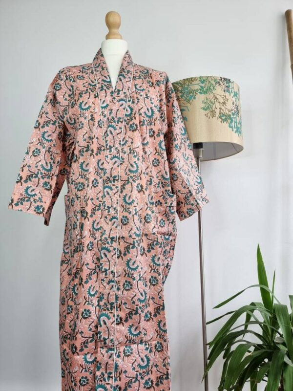 Pure Cotton Kimono in Pastel Peach Teal Garden