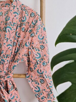 Pure Cotton Kimono in Pastel Peach Teal Garden - Image 5