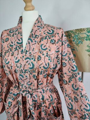 Pure Cotton Kimono in Pastel Peach Teal Garden - Image 6