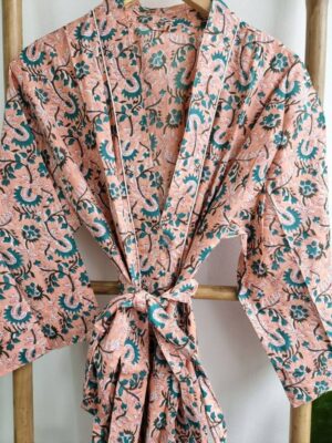 Pure Cotton Kimono in Pastel Peach Teal Garden - Image 7