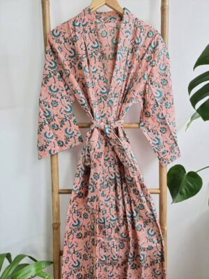 Pure Cotton Kimono in Pastel Peach Teal Garden - Image 8