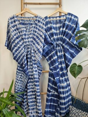 Pure Cotton Kaftan in Indigo Blue Shibori Tie Dye - Image 2