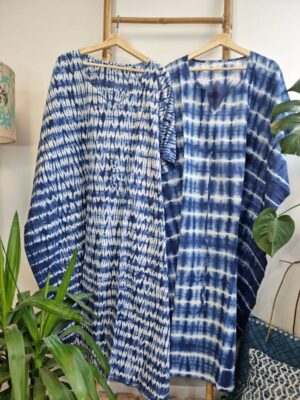 Pure Cotton Kaftan in Indigo Blue Shibori Tie Dye - Image 3
