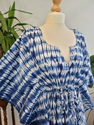 Pure Cotton Kaftan in Indigo Blue Shibori Tie Dye - Image 4