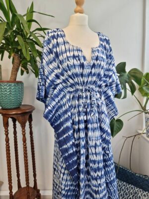 Pure Cotton Kaftan in Indigo Blue Shibori Tie Dye - Image 6