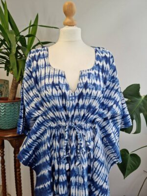 Pure Cotton Kaftan in Indigo Blue Shibori Tie Dye - Image 7