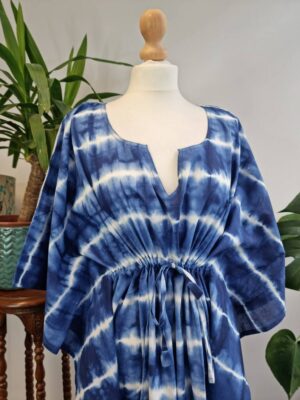 Pure Cotton Kaftan in Indigo Blue Shibori Tie Dye - Image 8
