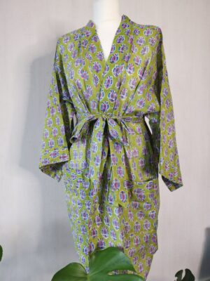 Pure Cotton Kimono in Bright Green Mini Motif - Image 2