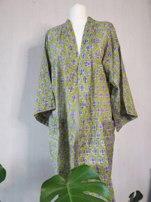 Pure Cotton Kimono in Bright Green Mini Motif - Image 3