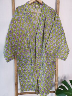 Pure Cotton Kimono in Bright Green Mini Motif - Image 5
