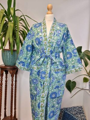 Pure Cotton Kimono in Aqua Green Blue Bloom Gardenia - Image 3