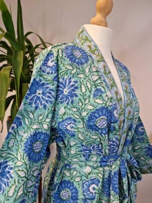 Pure Cotton Kimono in Aqua Green Blue Bloom Gardenia - Image 4