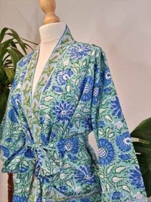 Pure Cotton Kimono in Aqua Green Blue Bloom Gardenia - Image 2