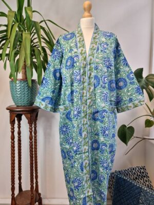Pure Cotton Kimono in Aqua Green Blue Bloom Gardenia - Image 6