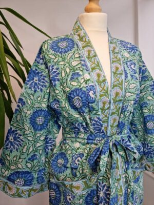Pure Cotton Kimono in Aqua Green Blue Bloom Gardenia - Image 7