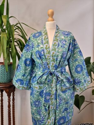 Pure Cotton Kimono in Aqua Green Blue Bloom Gardenia - Image 8