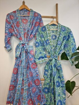 Pure Cotton Kimono in Aqua Green Blue Bloom Gardenia - Image 9