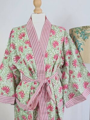 Pure Cotton Kimono in Sea Green Pink Stripe - Image 2