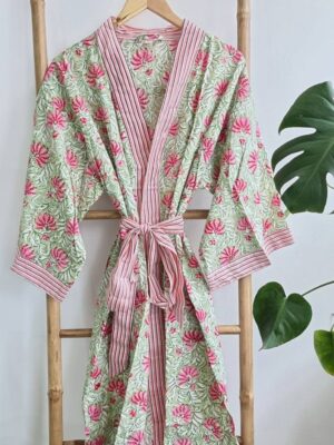 Pure Cotton Kimono in Sea Green Pink Stripe - Image 3