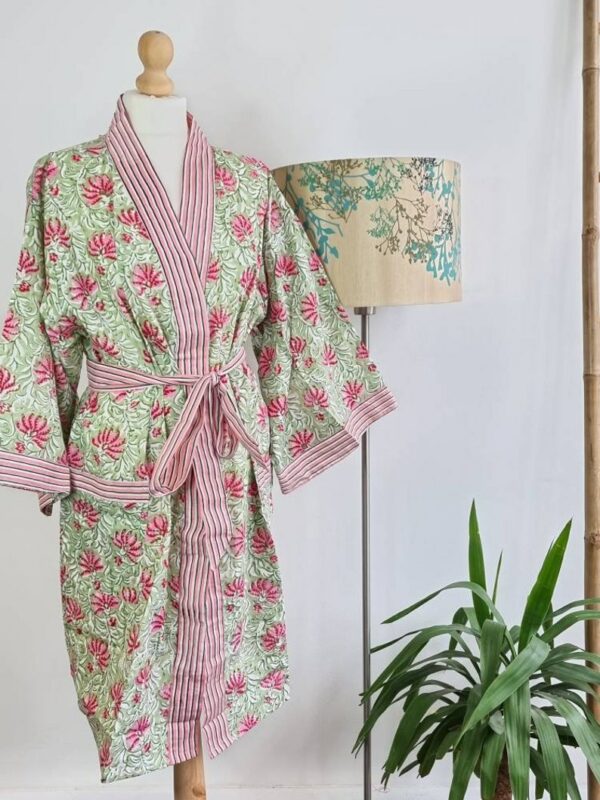Pure Cotton Kimono in Sea Green Pink Stripe
