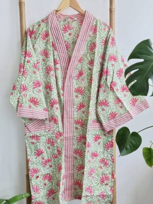Pure Cotton Kimono in Sea Green Pink Stripe - Image 4