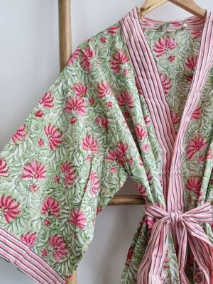 Pure Cotton Kimono in Sea Green Pink Stripe - Image 5