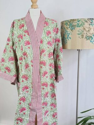 Pure Cotton Kimono in Sea Green Pink Stripe - Image 6