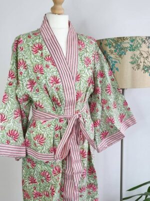 Pure Cotton Kimono in Sea Green Pink Stripe - Image 7