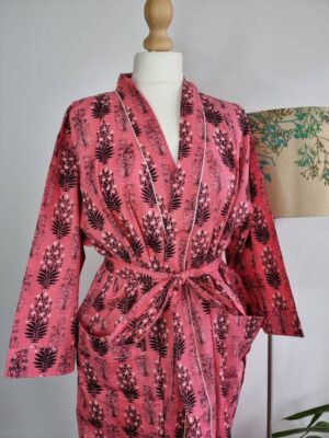Cotton Kimono in Bright Pink Black Bouquet Motif - Image 2
