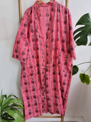 Cotton Kimono in Bright Pink Black Bouquet Motif - Image 3