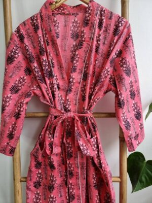 Cotton Kimono in Bright Pink Black Bouquet Motif - Image 5