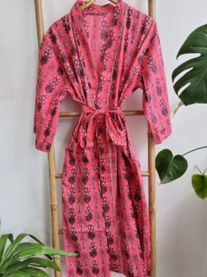 Cotton Kimono in Bright Pink Black Bouquet Motif - Image 7