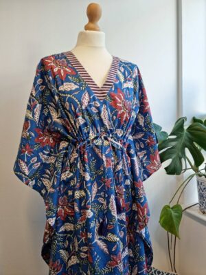 Cotton Kaftan Kimono in Autumn Blue Red Stripe - Image 2