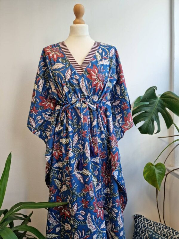 Cotton Kaftan Kimono in Autumn Blue Red Stripe