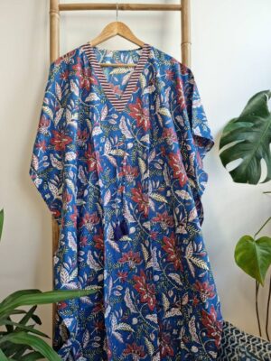 Cotton Kaftan Kimono in Autumn Blue Red Stripe - Image 4