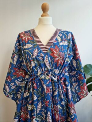 Cotton Kaftan Kimono in Autumn Blue Red Stripe - Image 5