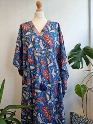 Cotton Kaftan Kimono in Autumn Blue Red Stripe - Image 6
