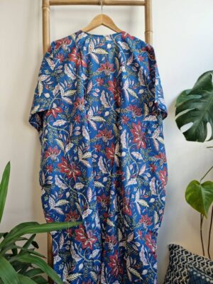 Cotton Kaftan Kimono in Autumn Blue Red Stripe - Image 8
